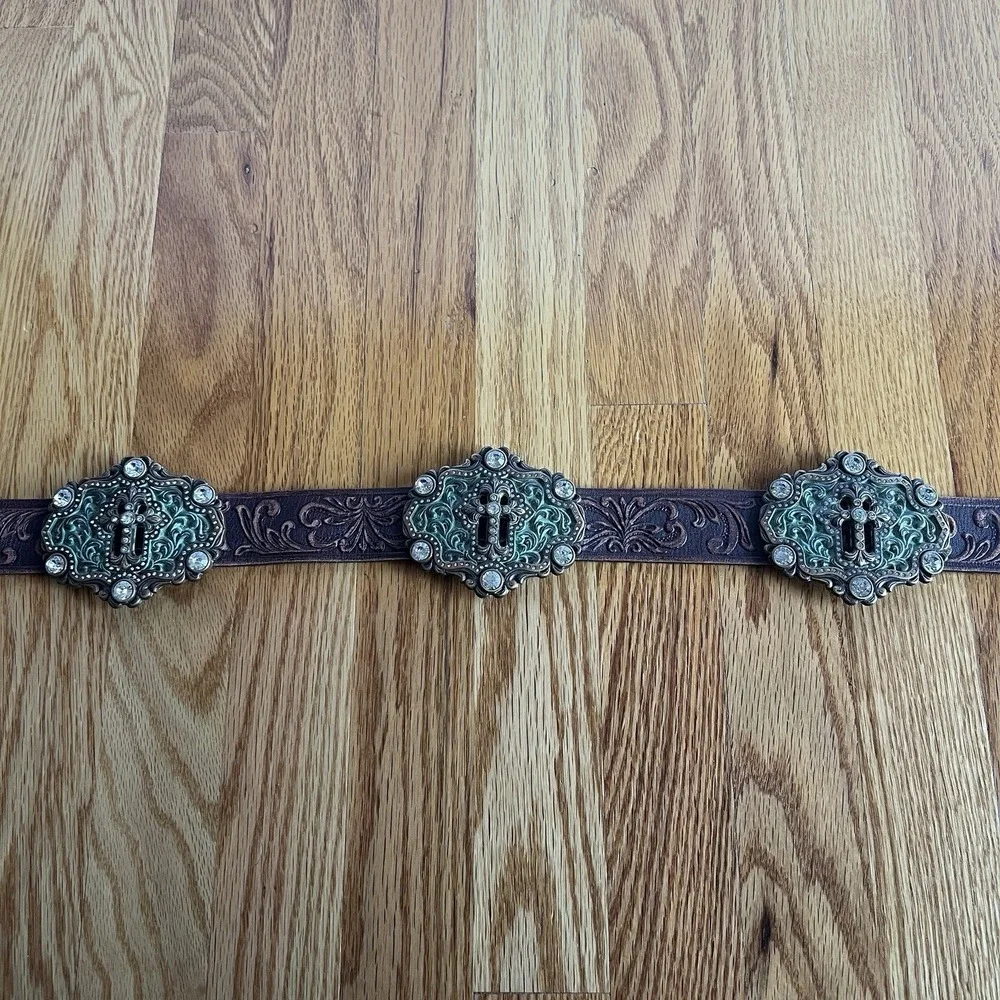 Tony Lama Brown Tooled Leather Swarovski Crystals‎ Concho Cross Western Belt 38